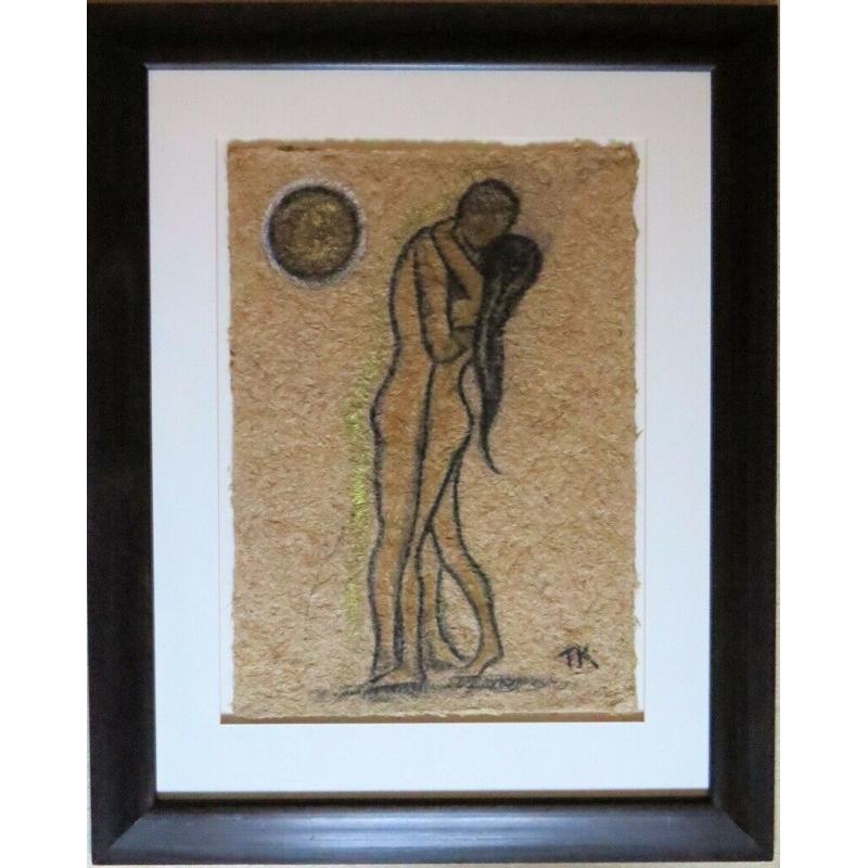 Terry Kirkwood Moonlit Kiss Mixed Media, signed, mounted, framed under glass 95.5cm x117cm